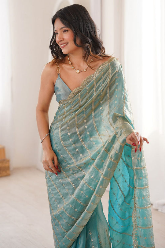 Alice Light Blue Satin Sequins Ready to Wear One Minute Saree