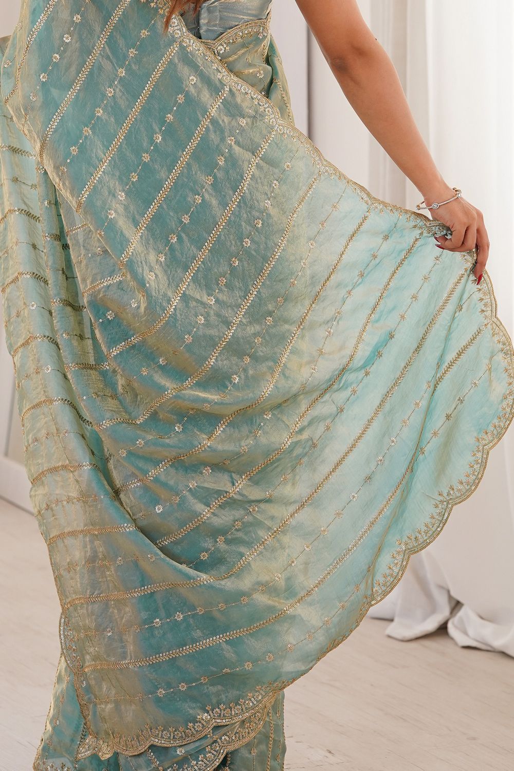 Alice Light Blue Satin Sequins Ready to Wear One Minute Saree