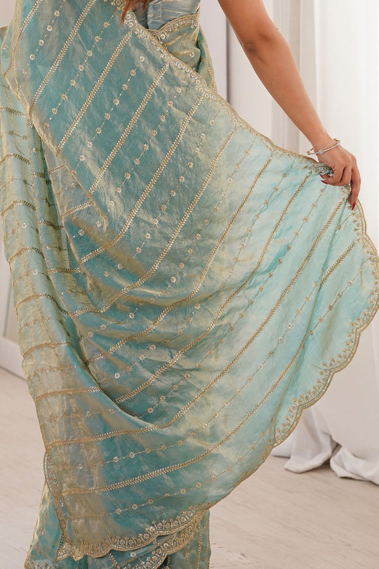Alice Light Blue Satin Sequins Ready to Wear One Minute Saree