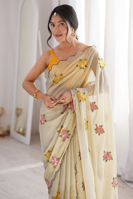 Charli Cream Georgette Floral Sequins Work Scallop Border Ready to Wear One Minute Saree