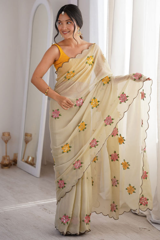 Charli Cream Georgette Floral Sequins Work Scallop Border Ready to Wear One Minute Saree