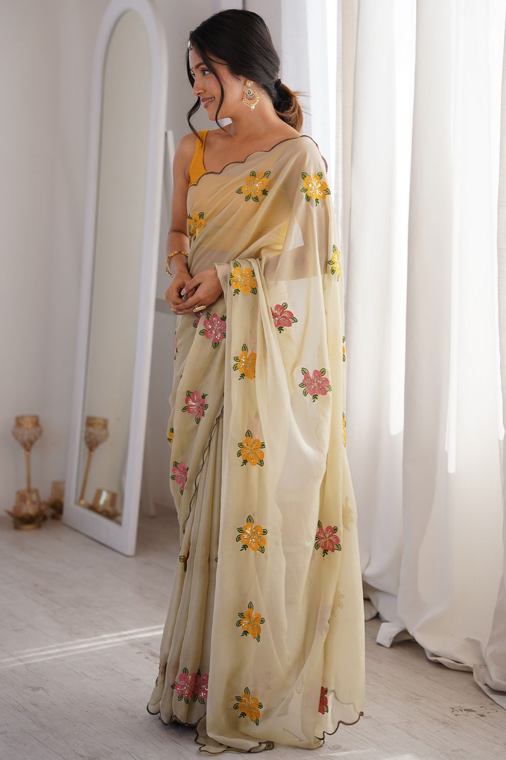 Charli Cream Georgette Floral Sequins Work Scallop Border Ready to Wear One Minute Saree