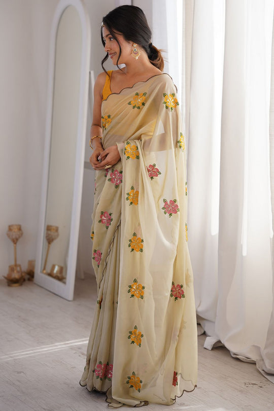 Charli Cream Georgette Floral Sequins Work Scallop Border Ready to Wear One Minute Saree