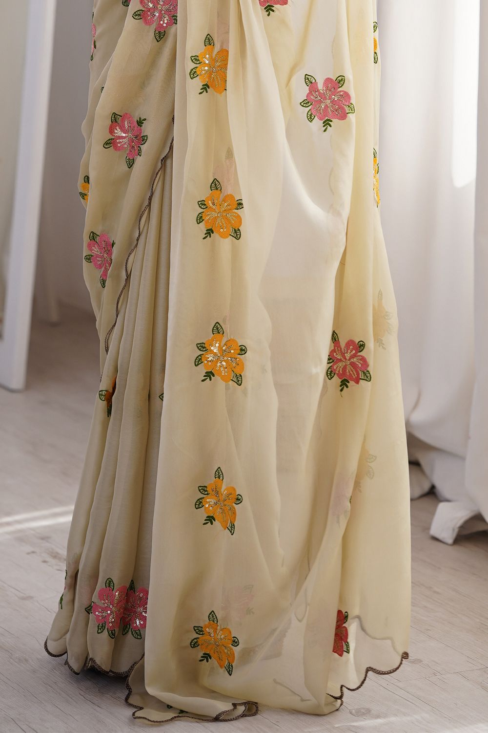Charli Cream Georgette Floral Sequins Work Scallop Border Ready to Wear One Minute Saree