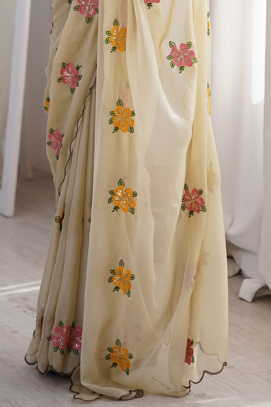 Charli Cream Georgette Floral Sequins Work Scallop Border Ready to Wear One Minute Saree