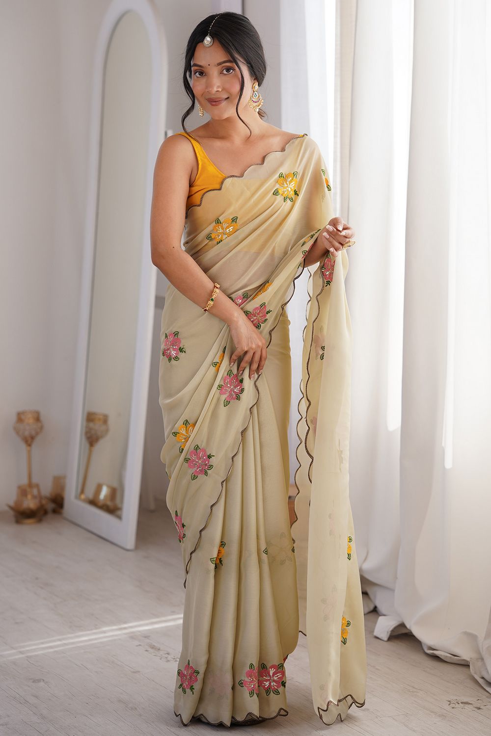 Charli Cream Georgette Floral Sequins Work Scallop Border Ready to Wear One Minute Saree