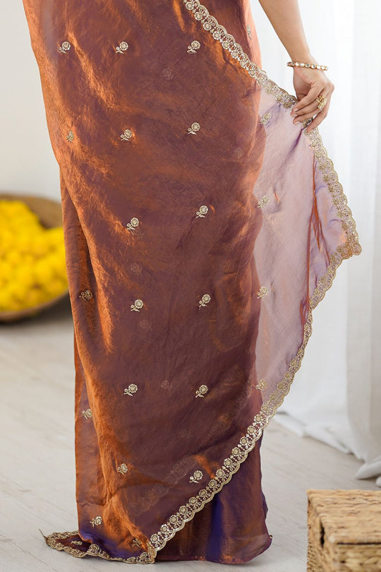 Megha Copper Purple Two Tone Satin Floral Sequin Work Ready to Wear Saree