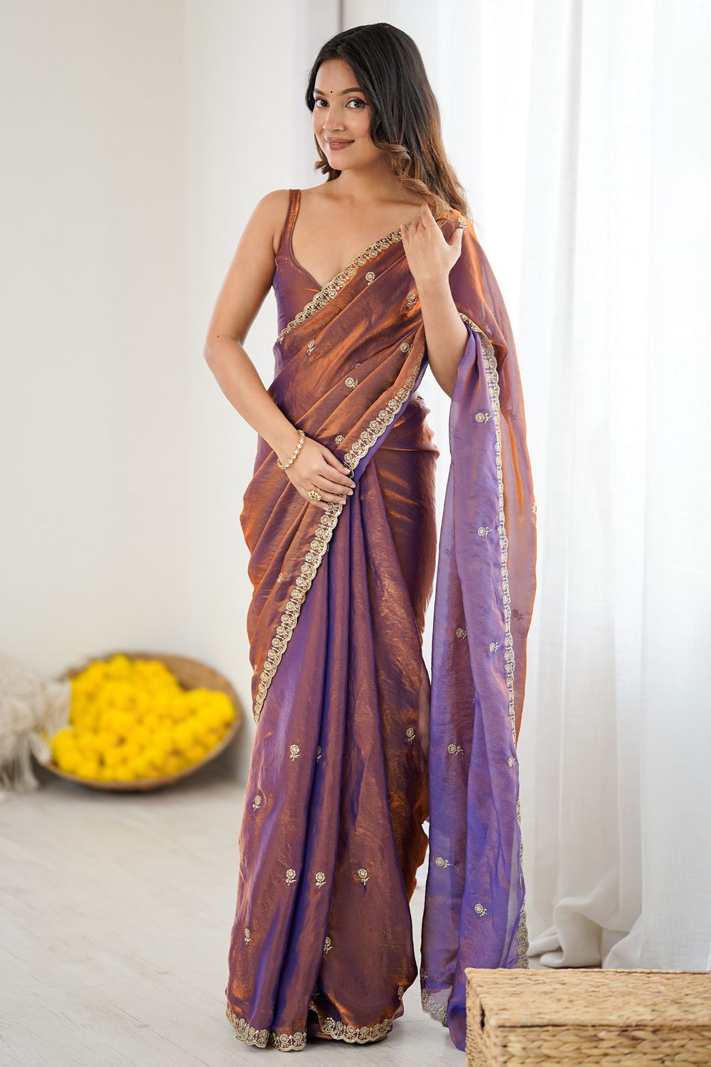 Megha Copper Purple Two Tone Satin Floral Sequin Work Ready to Wear Saree