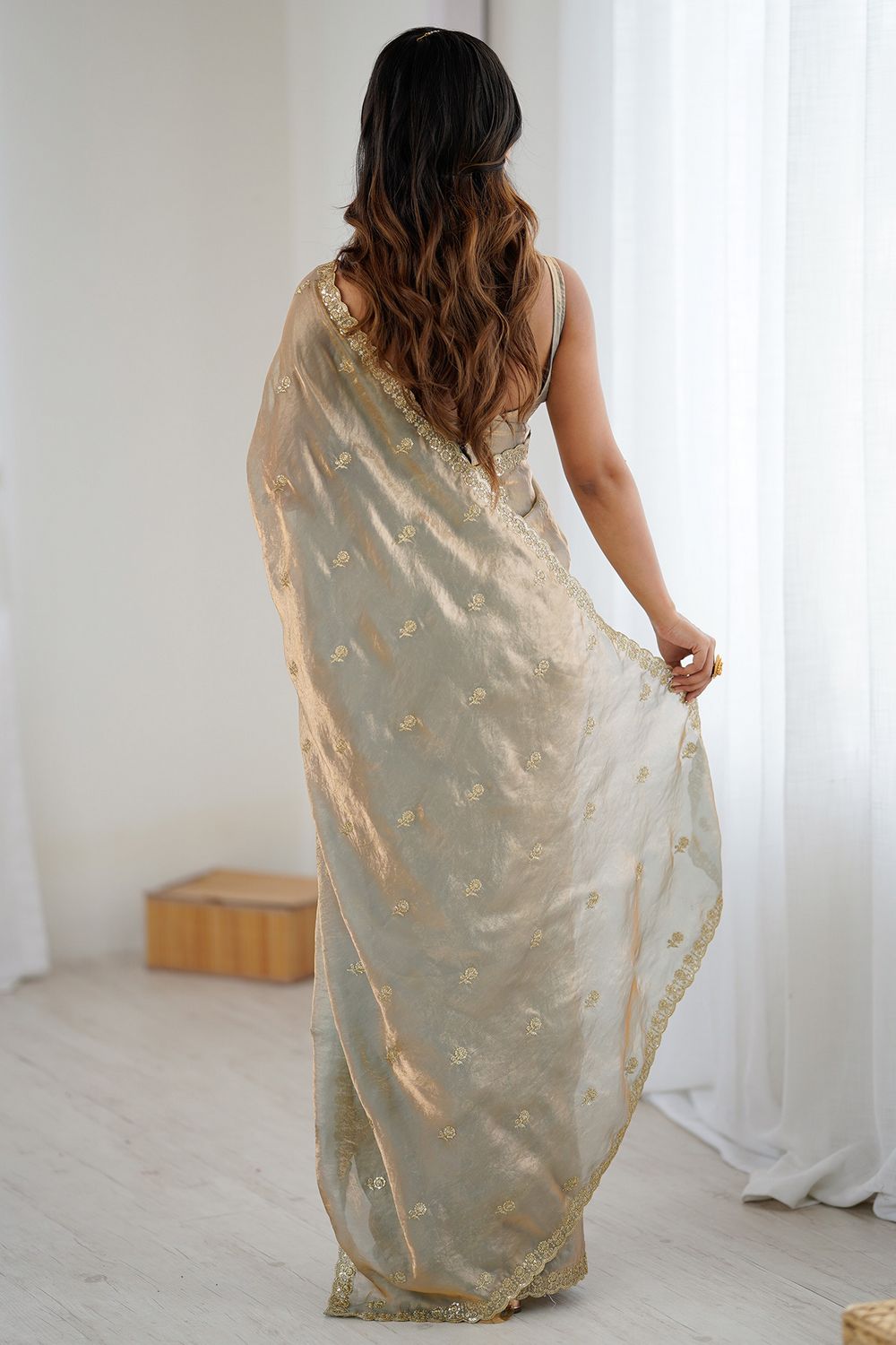 Megha Silver Gold Two Tone Satin Floral Sequin Work Ready to Wear One Minute Saree