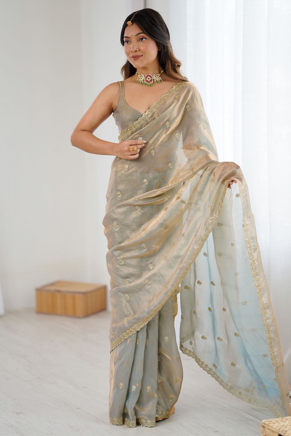 Megha Silver Gold Two Tone Satin Floral Sequin Work Ready to Wear One Minute Saree