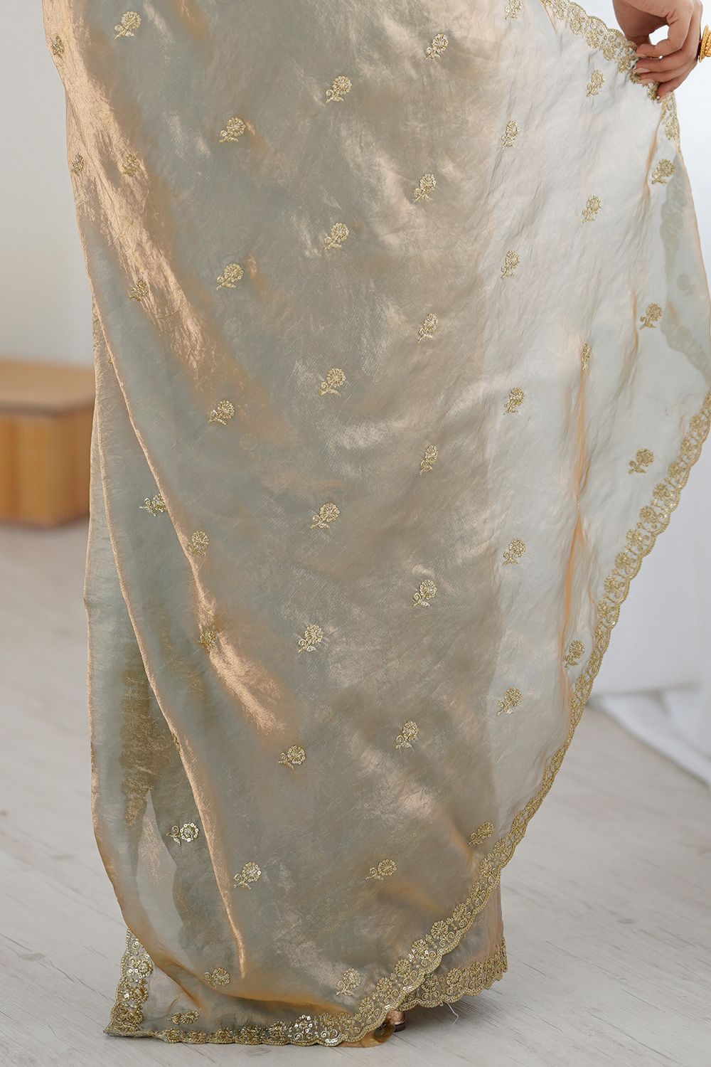 Megha Silver Gold Two Tone Satin Floral Sequin Work Ready to Wear One Minute Saree