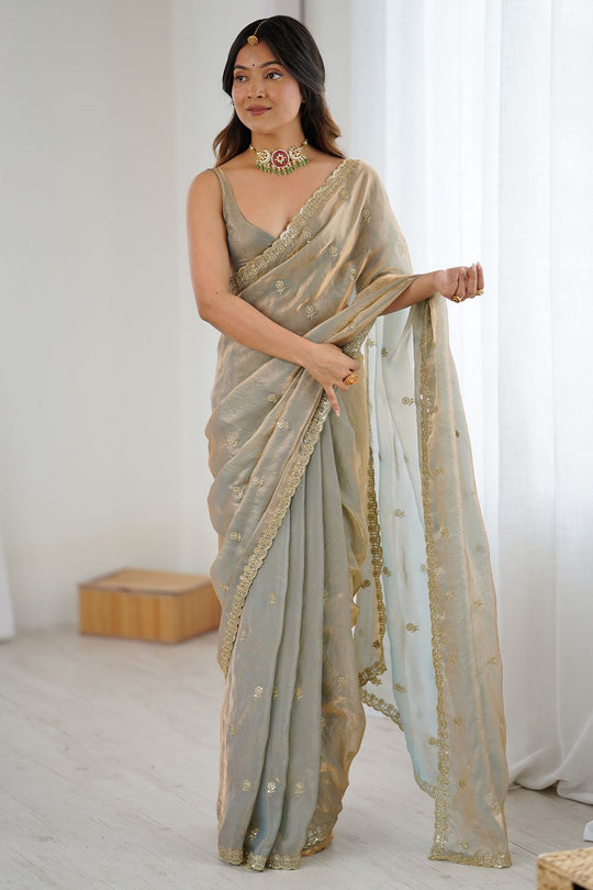 Megha Silver Gold Two Tone Satin Floral Sequin Work Ready to Wear One Minute Saree