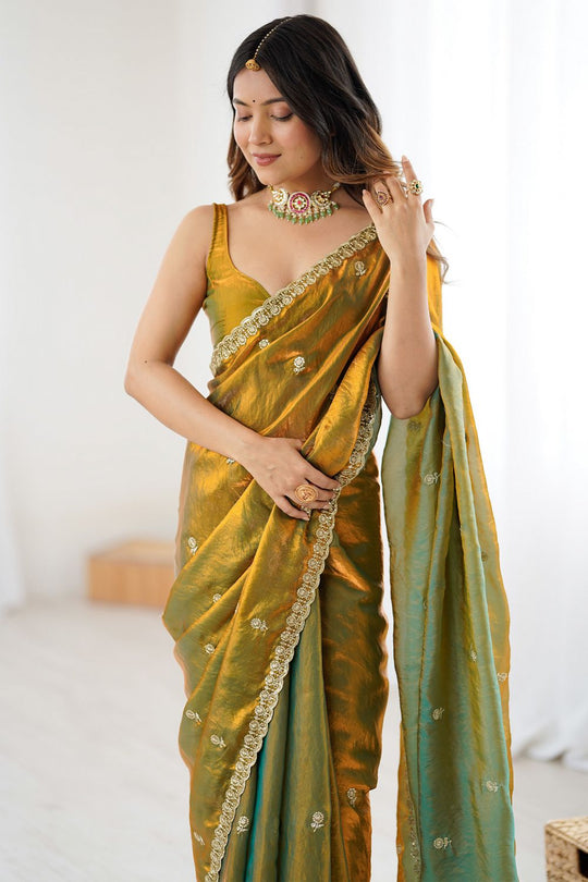 Megha Olive Green Satin Floral Sequin Ready to Wear Saree