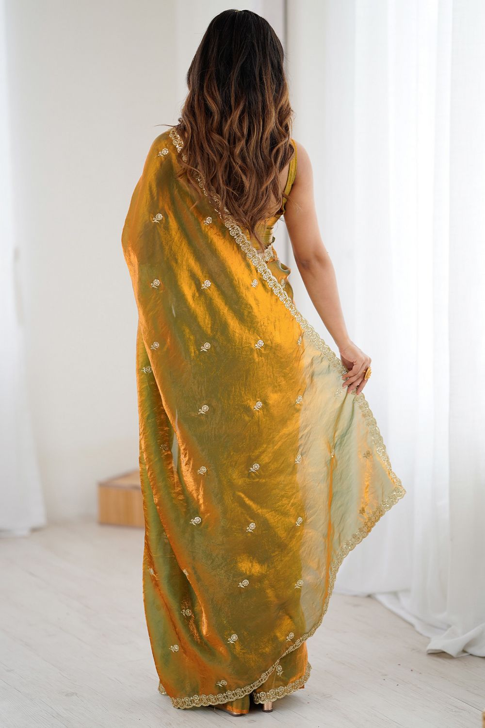 Megha Olive Green Satin Floral Sequin Ready to Wear Saree