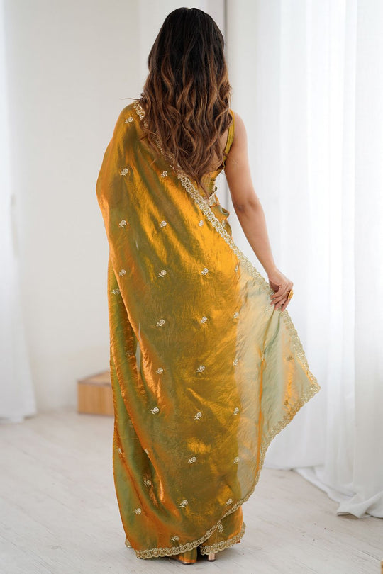 Megha Olive Green Satin Floral Sequin Ready to Wear Saree