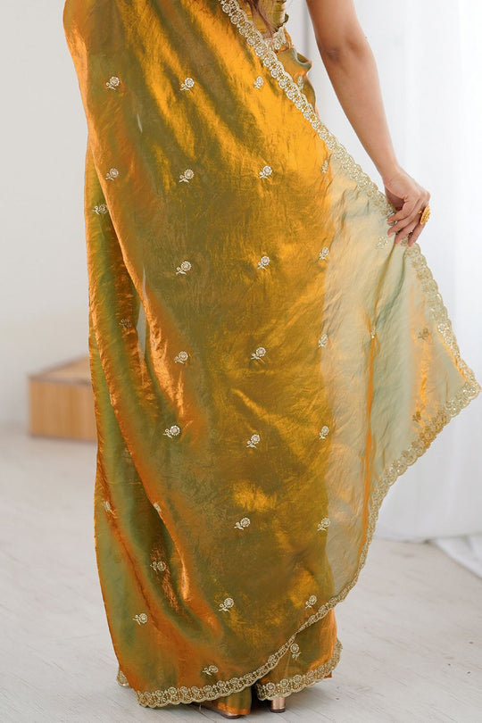 Megha Olive Green Satin Floral Sequin Ready to Wear Saree