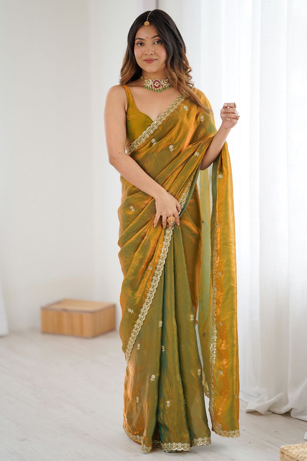 Megha Olive Green Satin Floral Sequin Ready to Wear Saree