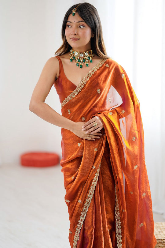Aya Burnt Orange Satin Embellished Ready to Wear Saree