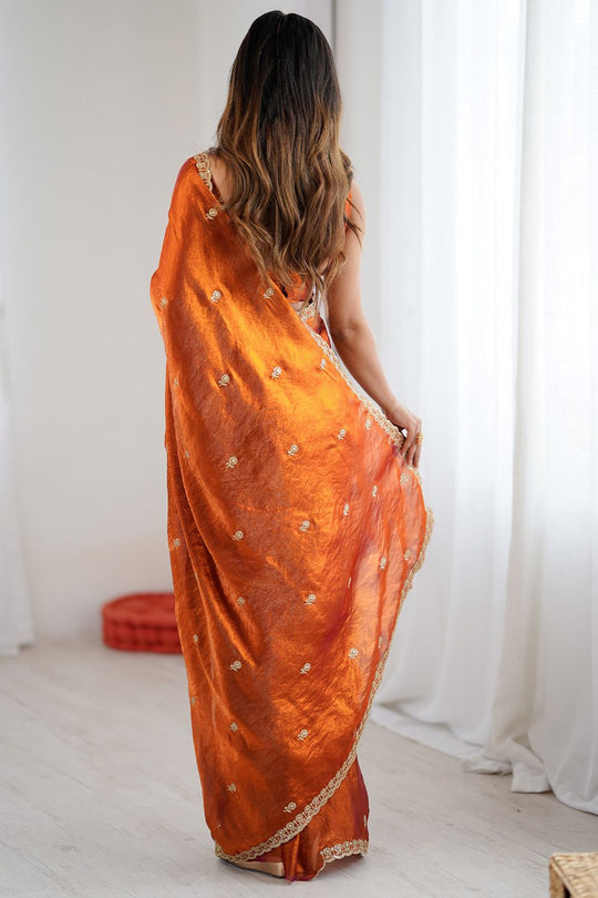 Aya Burnt Orange Satin Embellished Ready to Wear Saree