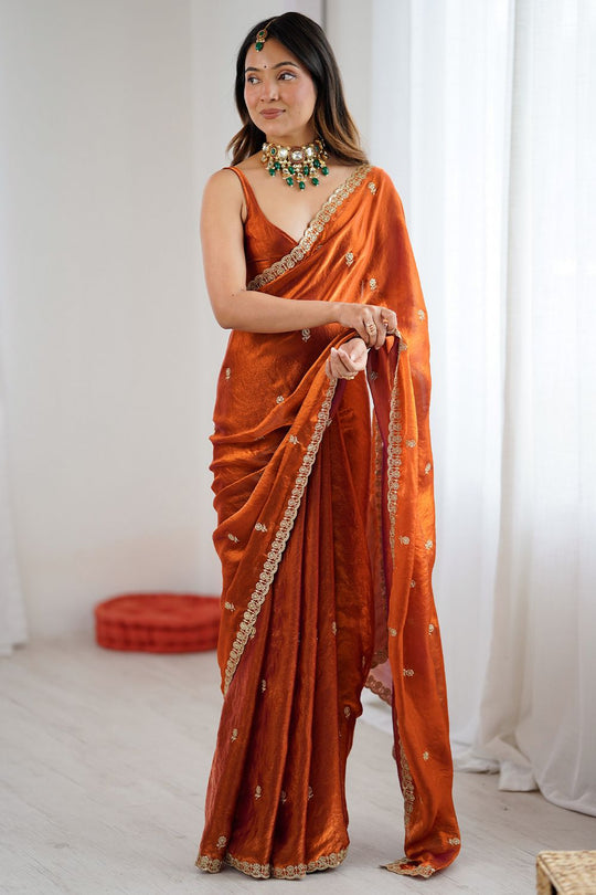 Aya Burnt Orange Satin Embellished Ready to Wear Saree