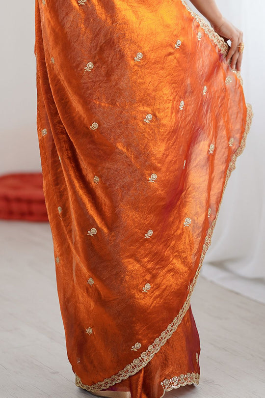 Aya Burnt Orange Satin Embellished Ready to Wear Saree