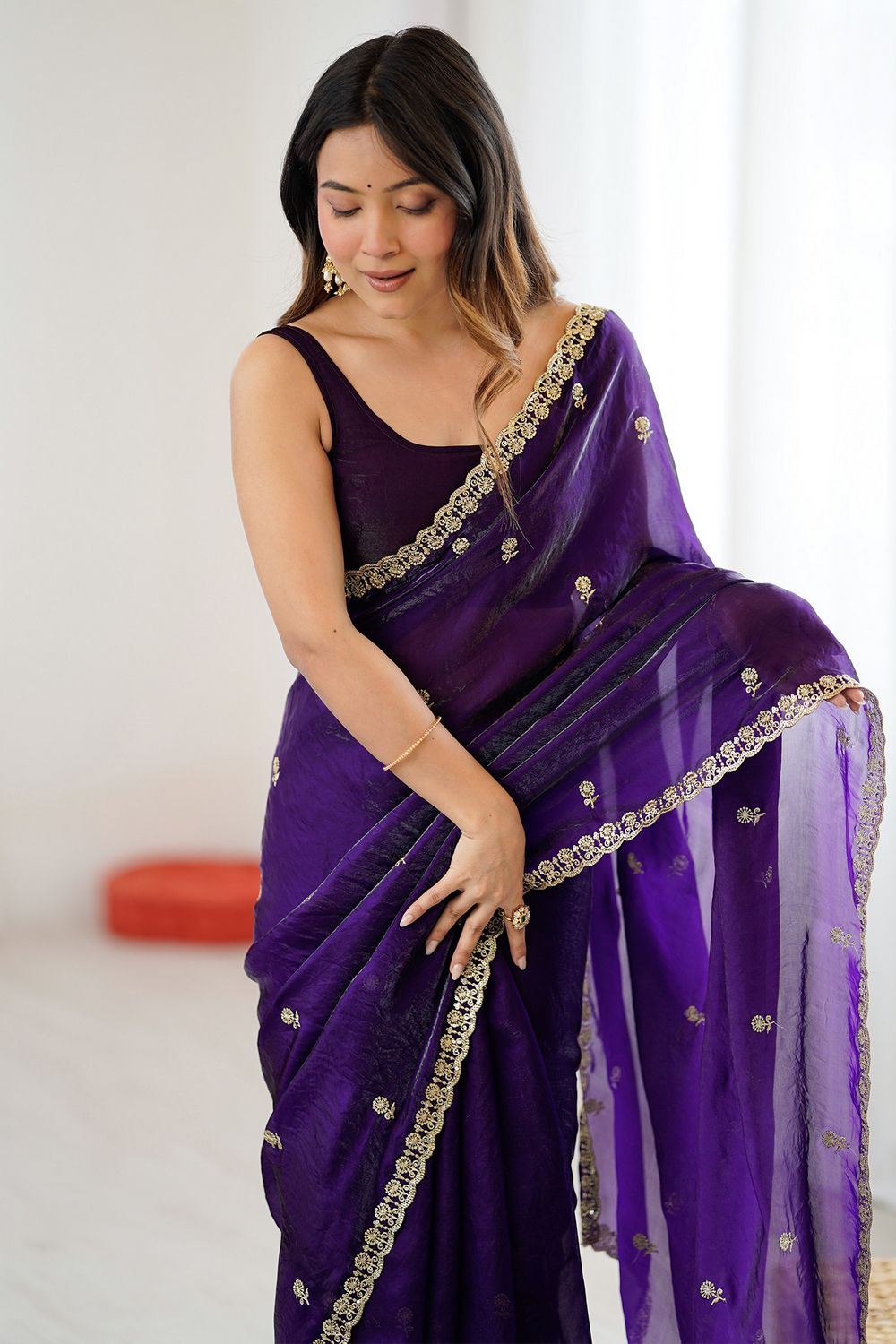 Megha Purple Satin Floral Sequin Ready to Wear Saree