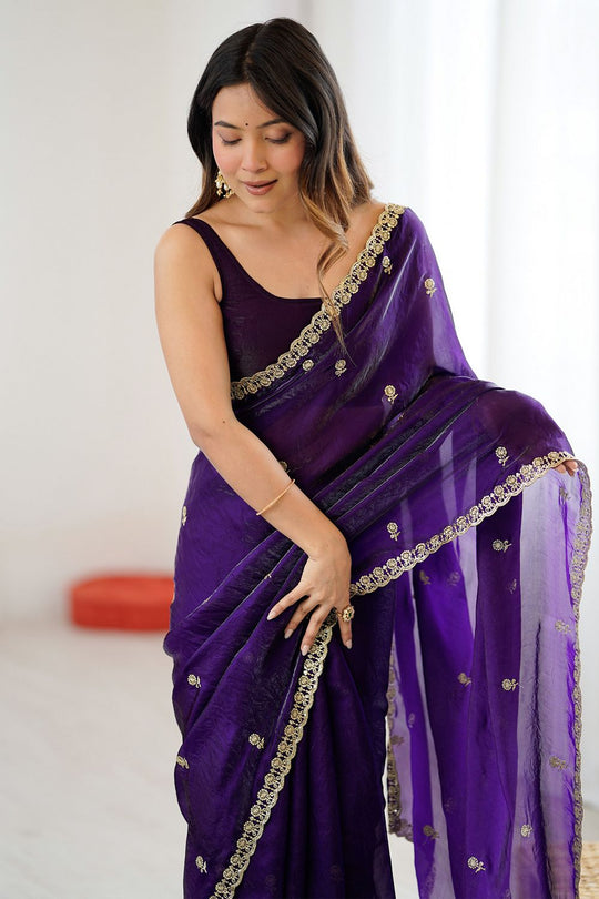 Megha Purple Satin Floral Sequin Ready to Wear Saree