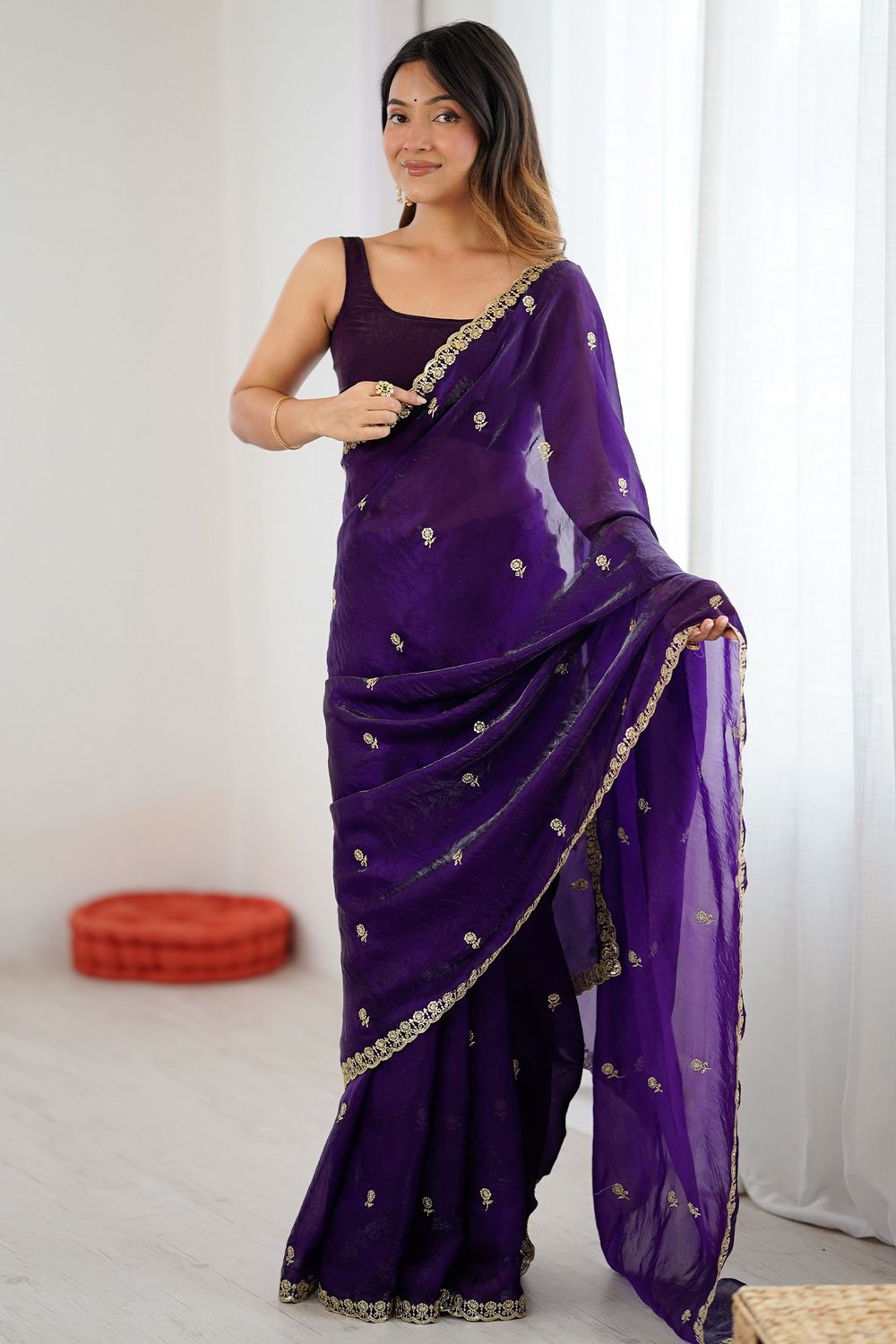 Megha Purple Satin Floral Sequin Ready to Wear Saree