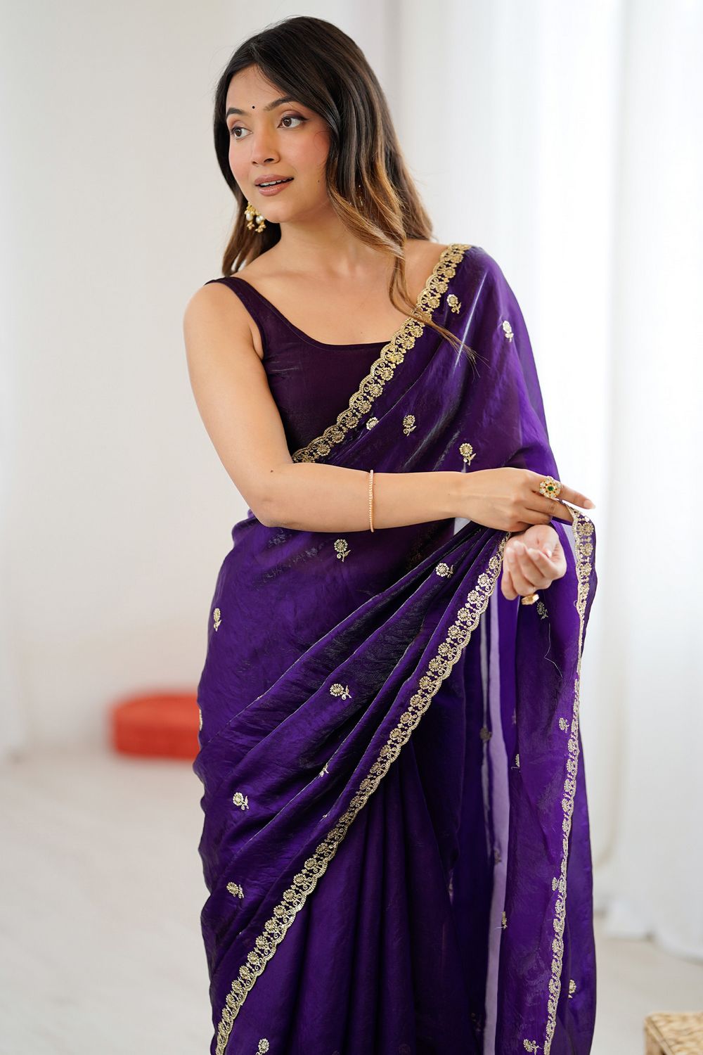 Megha Purple Satin Floral Sequin Ready to Wear Saree