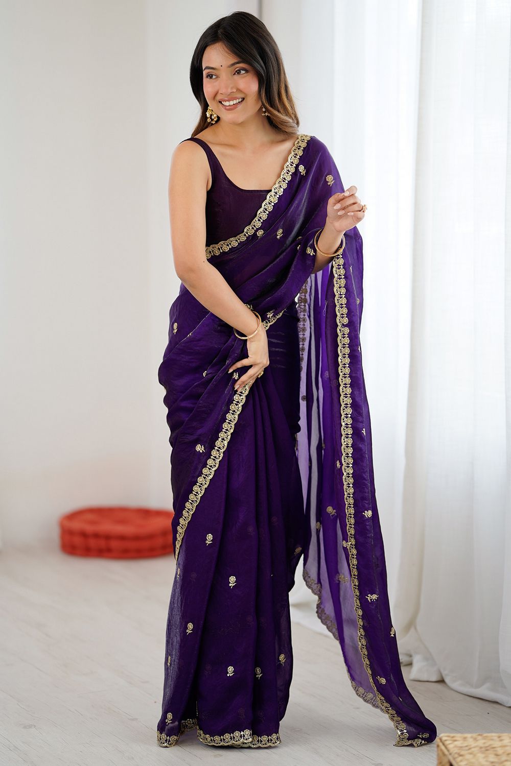 Megha Purple Satin Floral Sequin Ready to Wear Saree