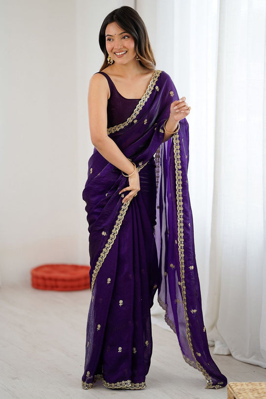 Megha Purple Satin Floral Sequin Ready to Wear Saree