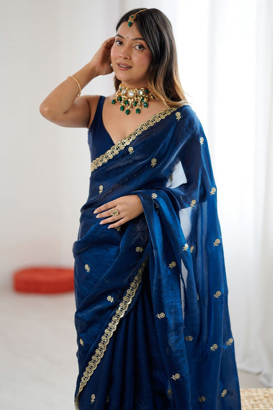 Megha Teal Blue Satin Floral Sequin Ready to Wear Saree