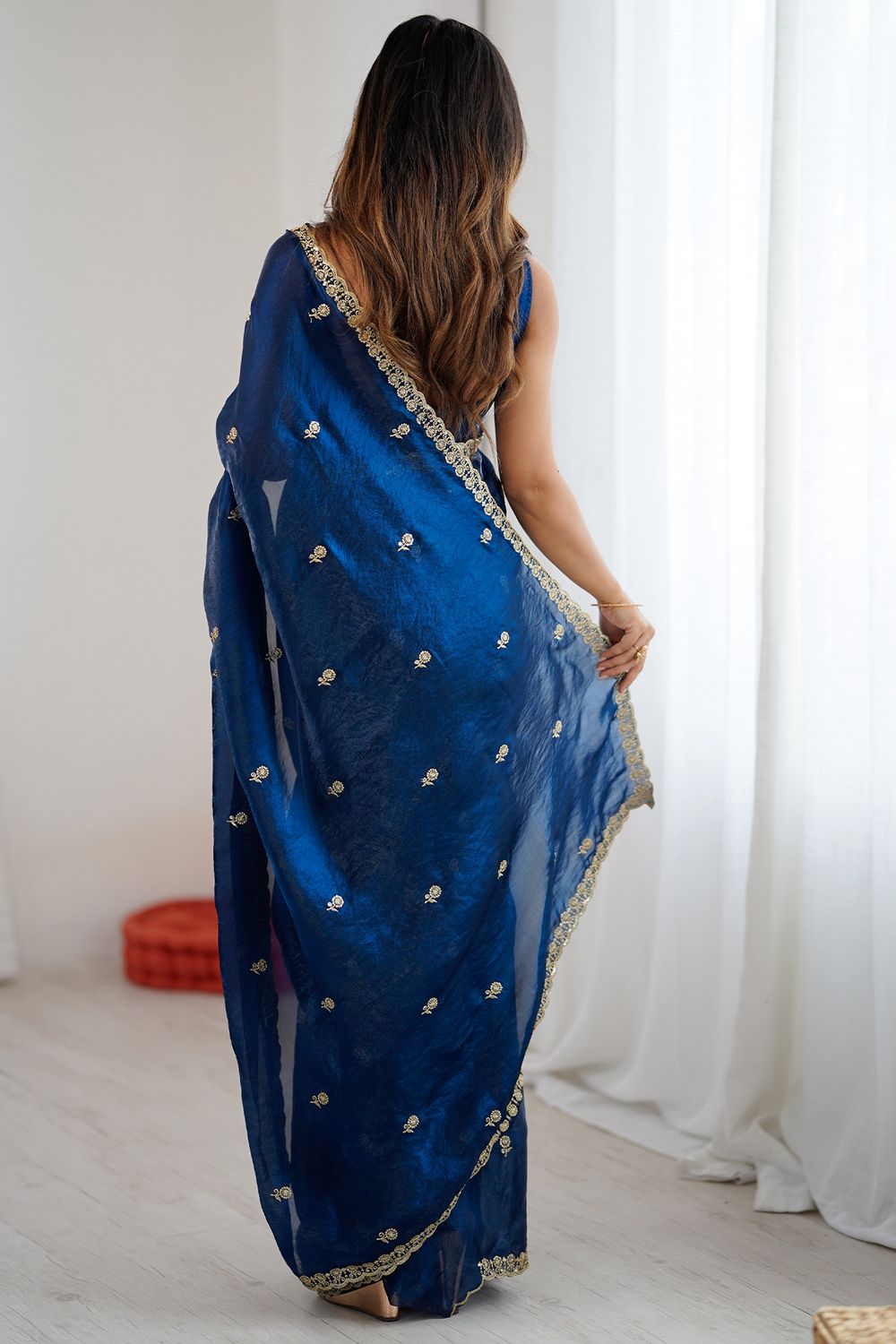 Megha Teal Blue Satin Floral Sequin Ready to Wear Saree