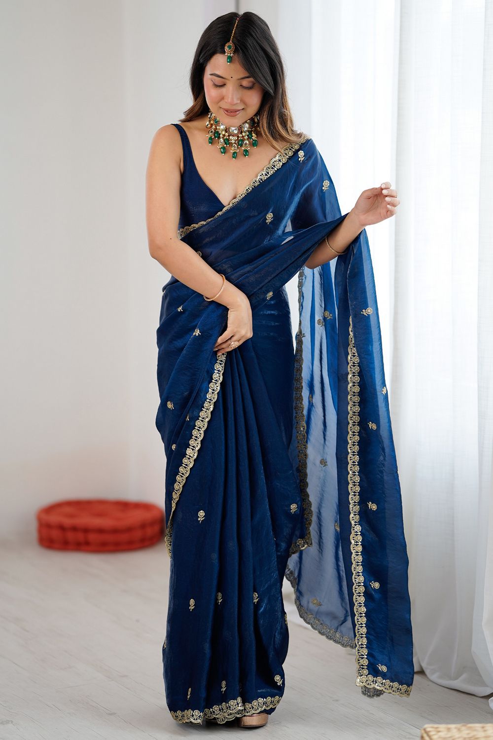 Megha Teal Blue Satin Floral Sequin Ready to Wear Saree