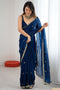 Megha Teal Blue Satin Floral Sequin Ready to Wear Saree