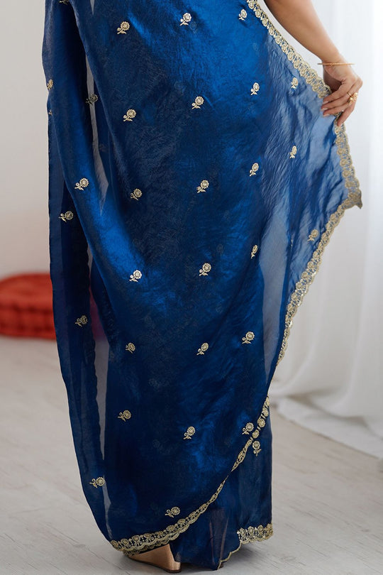Megha Teal Blue Satin Floral Sequin Ready to Wear Saree
