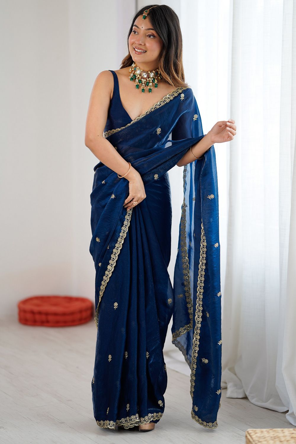 Megha Teal Blue Satin Floral Sequin Ready to Wear Saree