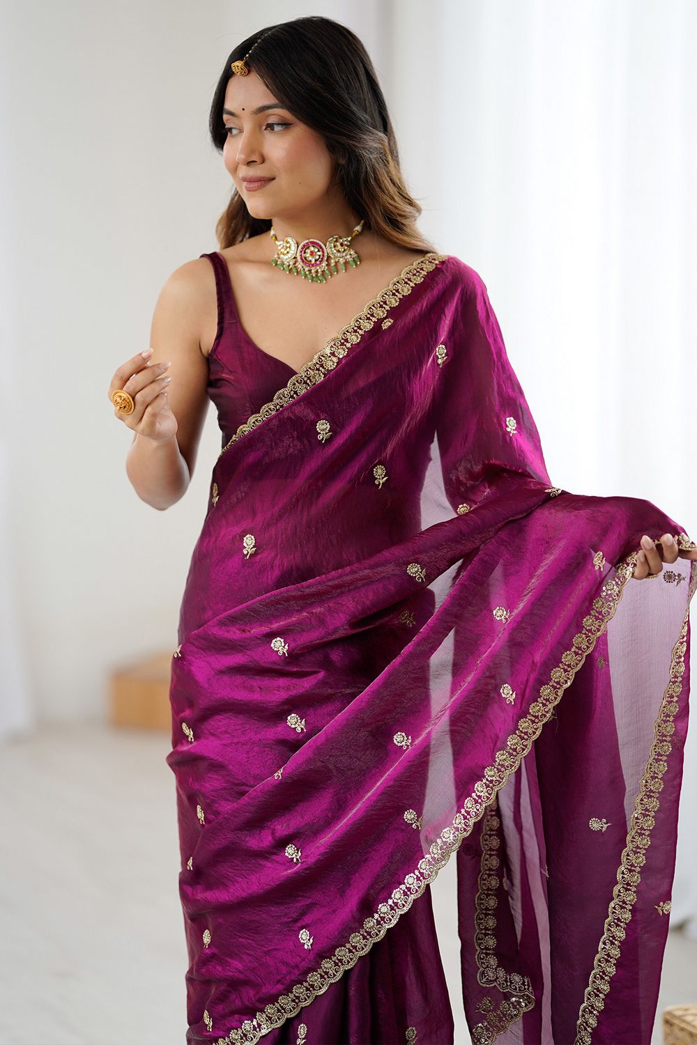 Megha Magenta Satin Floral Sequin Work Ready to Wear One Minute Saree