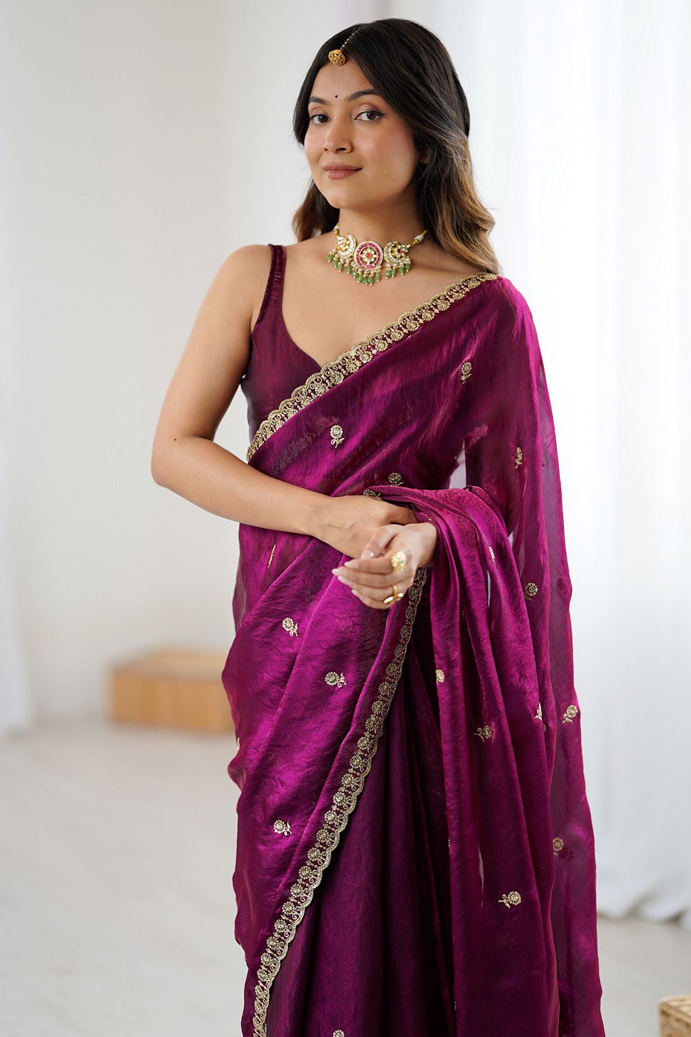 Megha Magenta Satin Floral Sequin Work Ready to Wear One Minute Saree