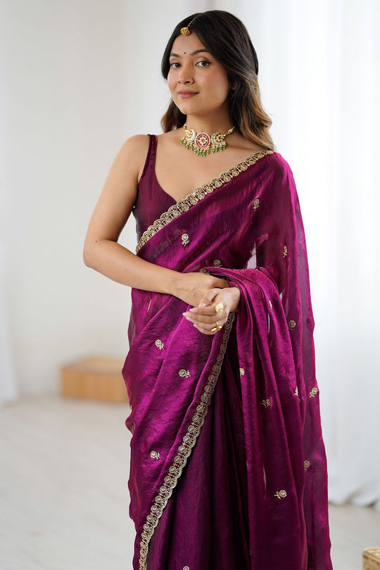 Megha Magenta Satin Floral Sequin Work Ready to Wear One Minute Saree