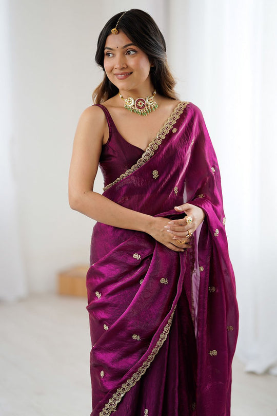 Megha Magenta Satin Floral Sequin Work Ready to Wear One Minute Saree