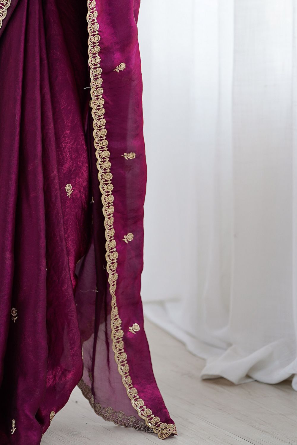 Megha Magenta Satin Floral Sequin Work Ready to Wear One Minute Saree