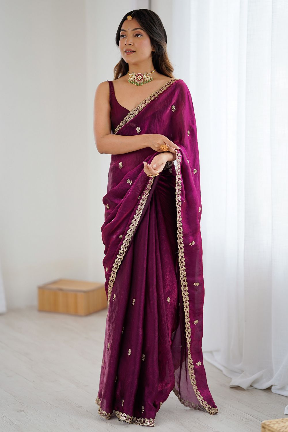 Megha Magenta Satin Floral Sequin Work Ready to Wear One Minute Saree