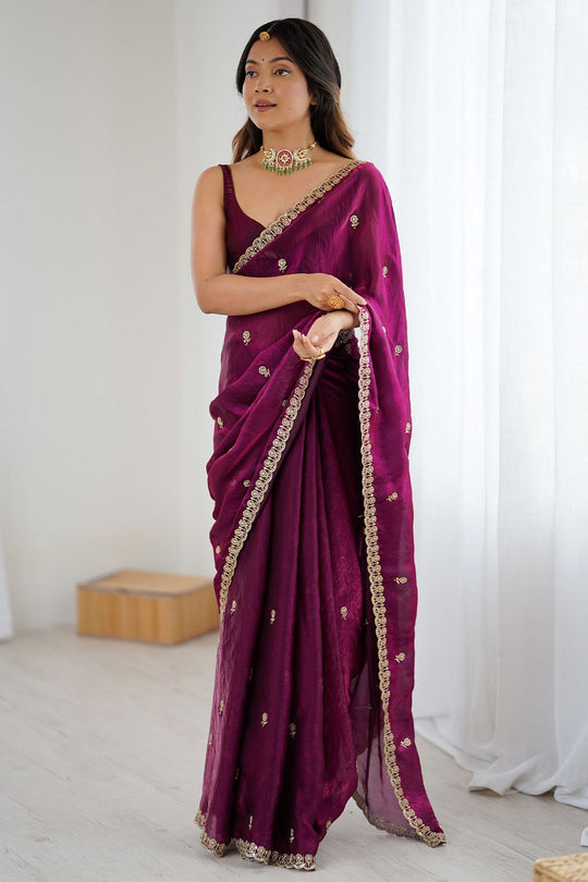 Megha Magenta Satin Floral Sequin Work Ready to Wear One Minute Saree