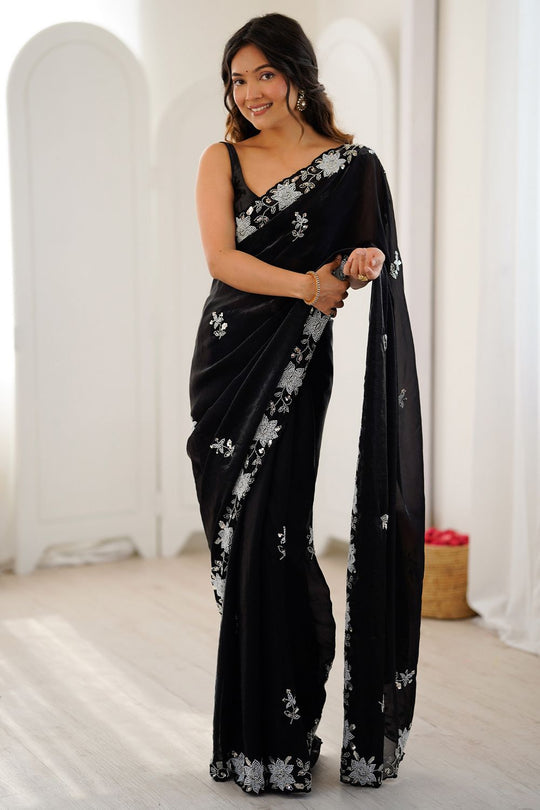 Aylani Black Satin Beads Embellished Ready to Wear Saree