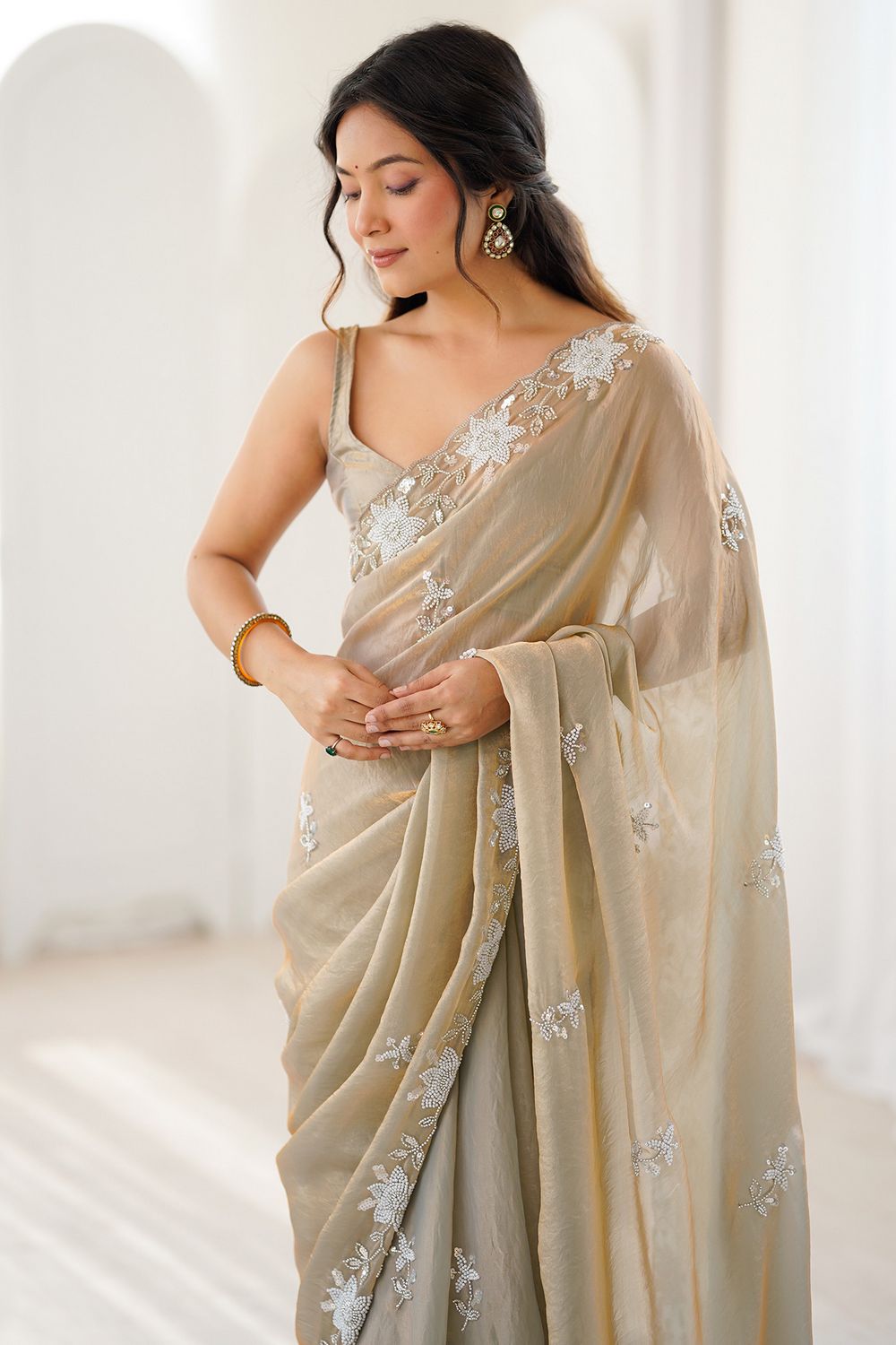 Aylani Beige Satin Beads Embellished Ready to Wear Saree