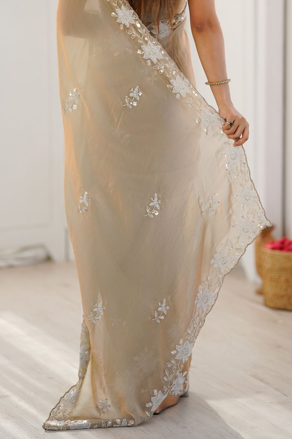 Aylani Beige Satin Beads Embellished Ready to Wear Saree