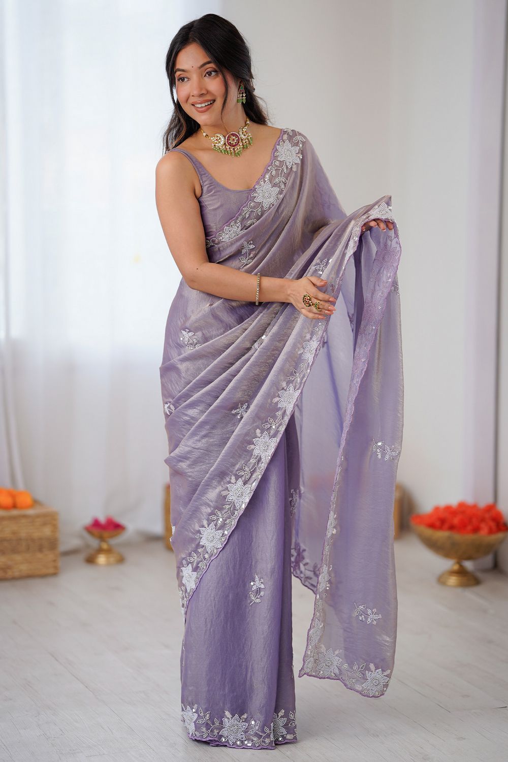 Aylani Lavender Satin Beads Embellished Ready to Wear Saree