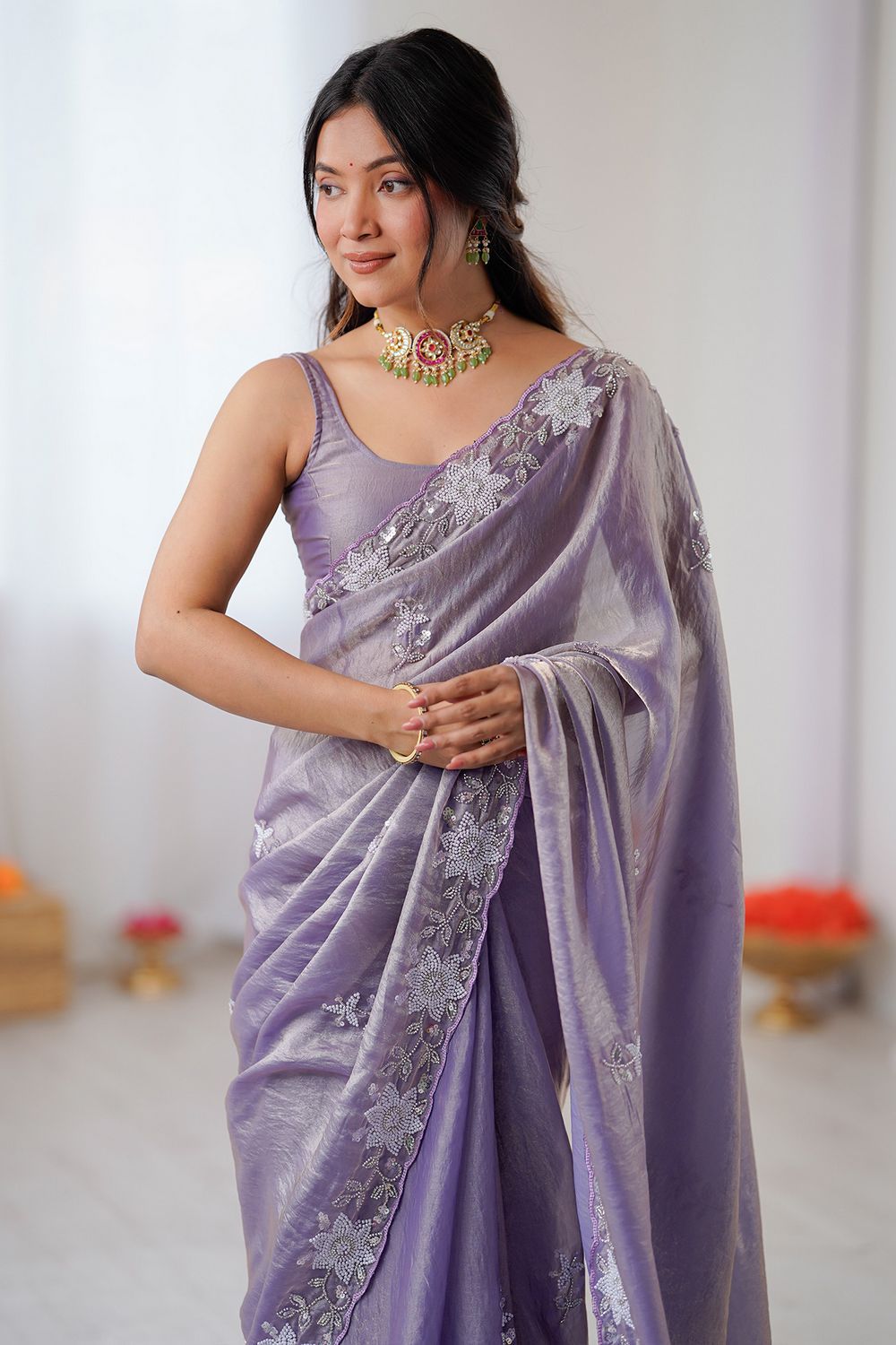 Aylani Lavender Satin Beads Embellished Ready to Wear Saree