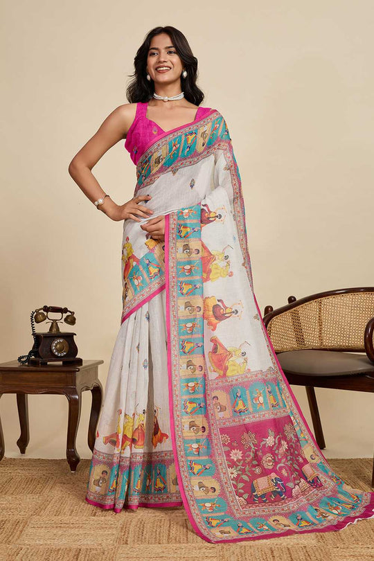Ines Off White Printed Design Linen Saree Ready to Wear One Minute Saree
